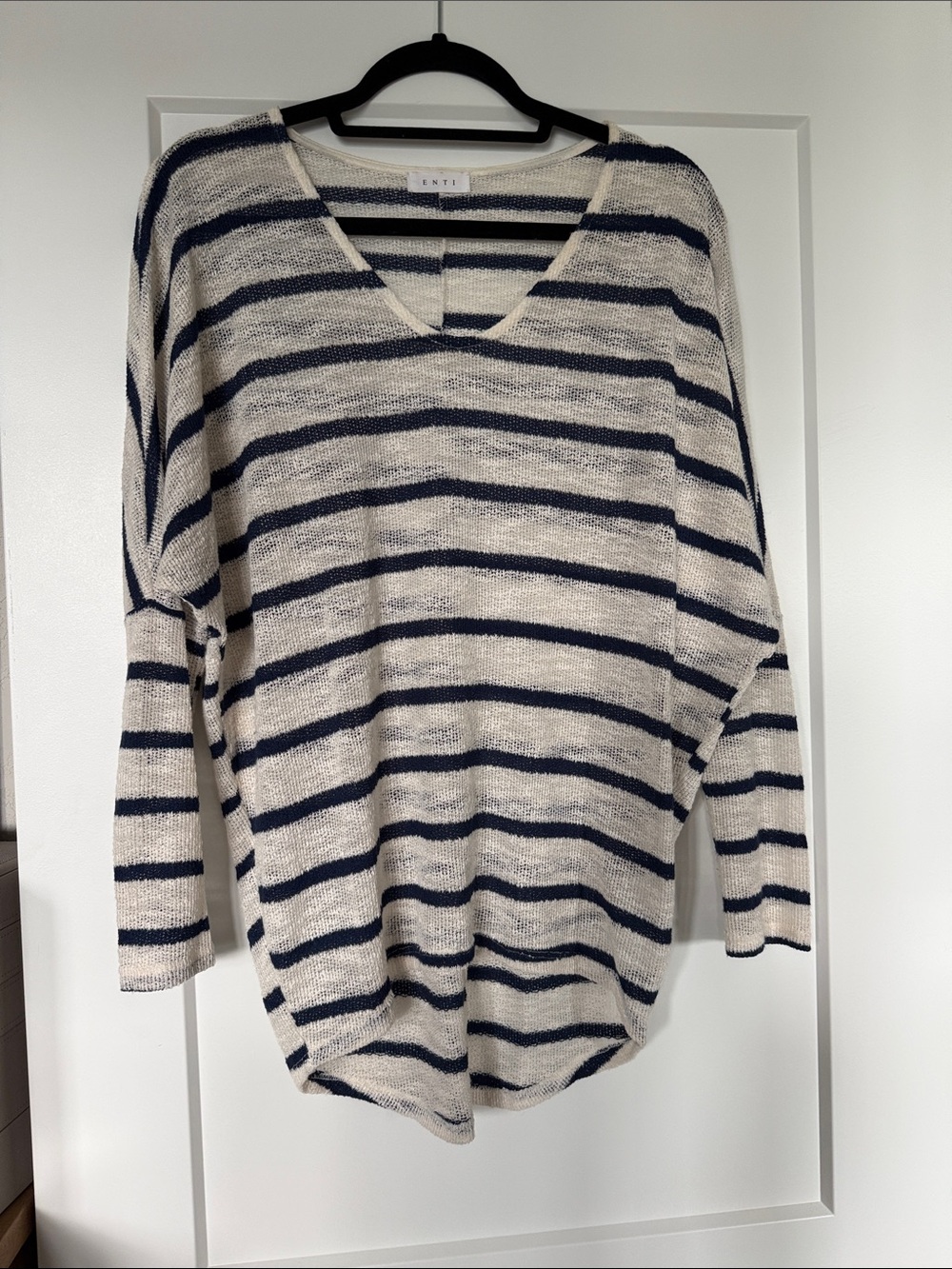 Cream and Navy Striped V-Neck Sweater